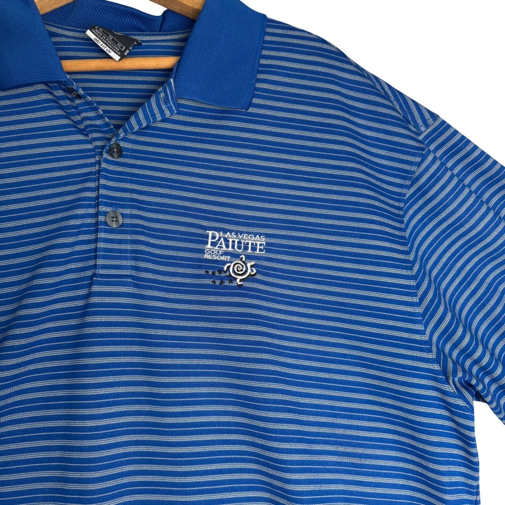 Nike Golf Dri-FIT Polo Shirt Mens XL Blue Striped‎ Las Vegas Paiute Resort Logo